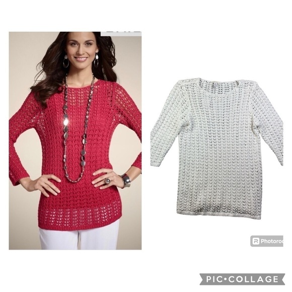 Chico’s Nancy open knit sweater crochet pearl white XL/3 travel collection - Picture 8 of 9